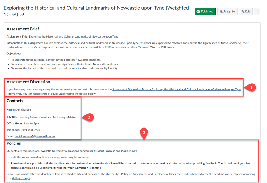 Screenshot of Canvas RCE in Assignments with links to support, policy and a discussion board